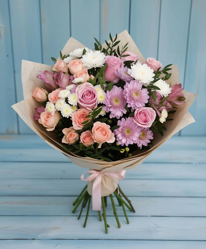 Букет цветов из: Хризантемы, Розы и Альстромерии в Большесидоровском