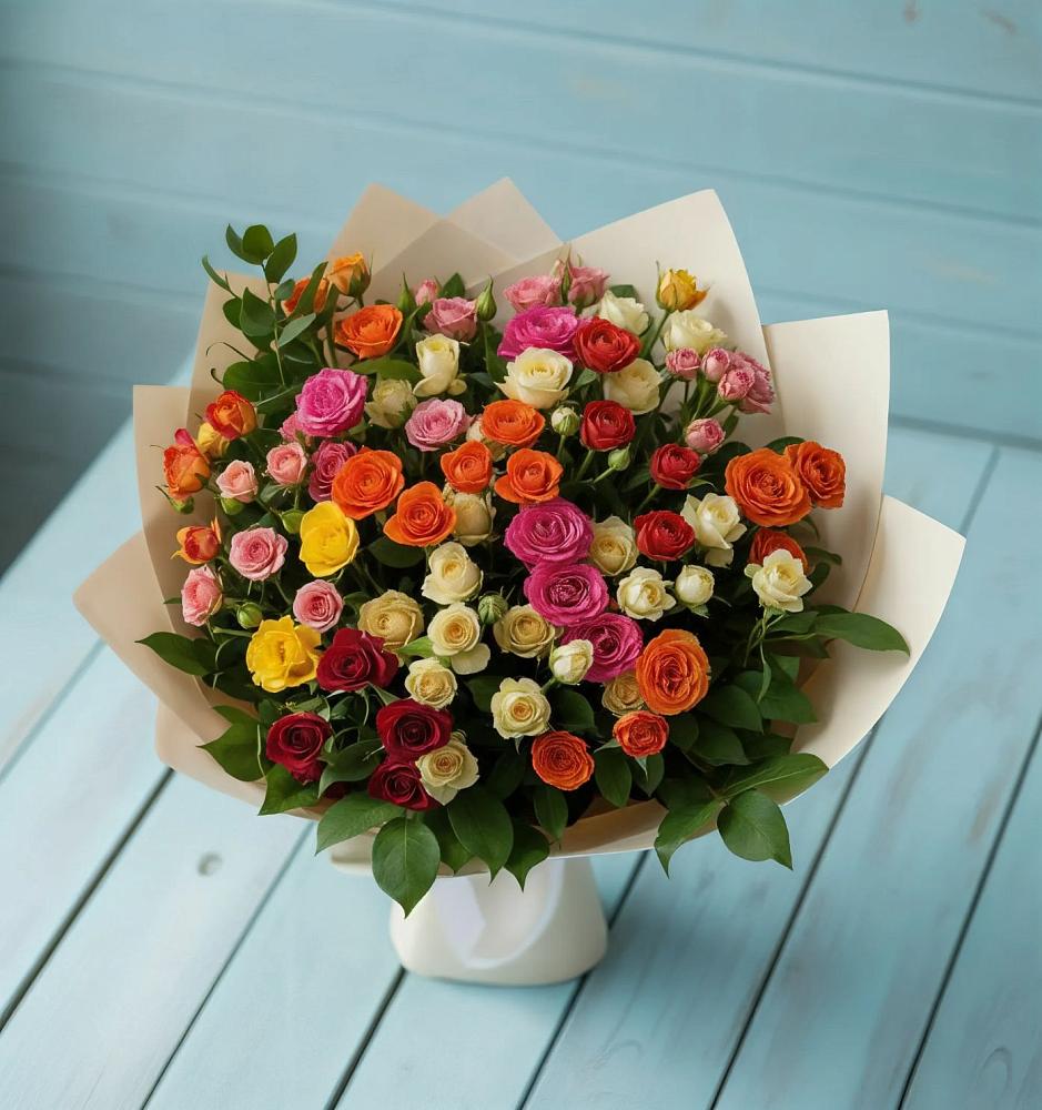 Букет Микс из разноцветных кустовых роз в Большесидоровском