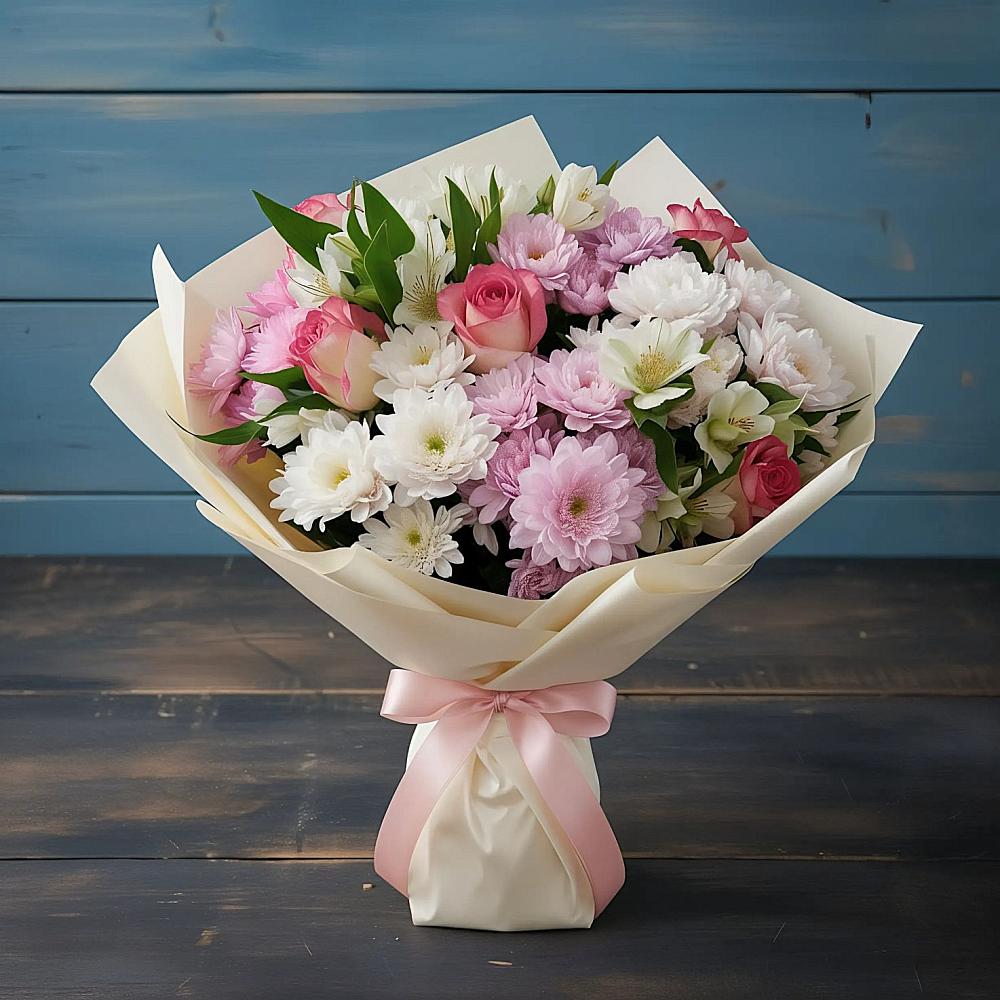 Букет цветов из: Хризантемы, Альстромерии и Розы в Большесидоровском